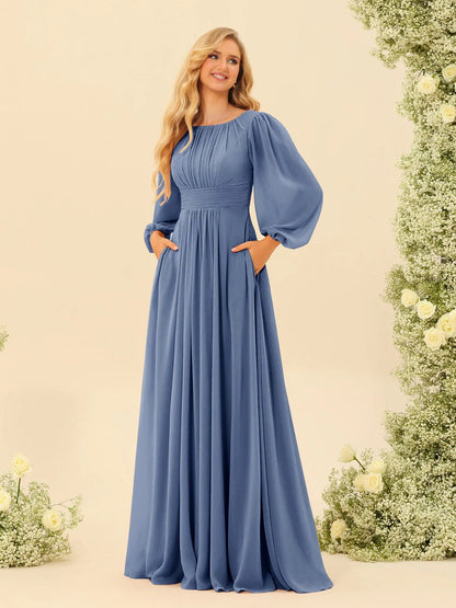 A-Line/Princess Scoop Long Sleeves Bridesmaid Dresses with Ruched