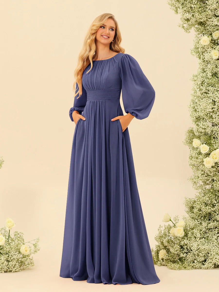 A-Line/Princess Scoop Long Sleeves Bridesmaid Dresses with Ruched