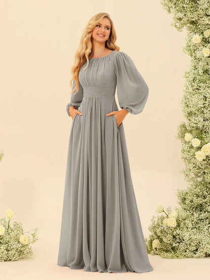 A-Line/Princess Scoop Long Sleeves Bridesmaid Dresses with Ruched