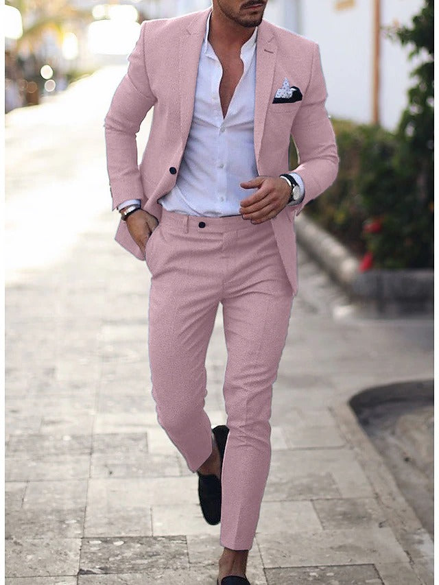 Men's Wedding Linen Suits Light Blue Summer Suits Solid Colored Tailored Fit 2 Piece Single Breasted One-button