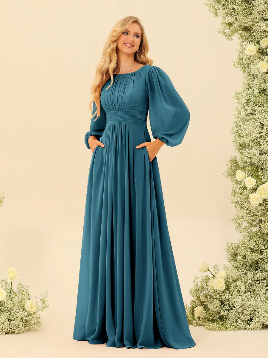A-Line/Princess Scoop Long Sleeves Bridesmaid Dresses with Ruched