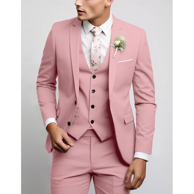 Men's Wedding Suits Notch Black Pink Prom Solid Colored Tailored Fit 3 Piece Single Breasted Two-buttons