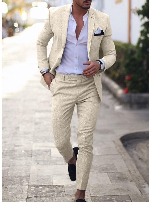 Men's Wedding Linen Suits Light Blue Summer Suits Solid Colored Tailored Fit 2 Piece Single Breasted One-button