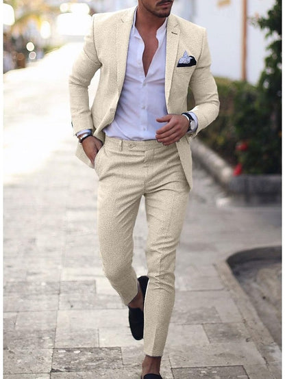 Men's Wedding Linen Suits Light Blue Summer Suits Solid Colored Tailored Fit 2 Piece Single Breasted One-button
