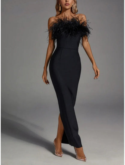 Mermaid Evening Party Dress Off The Shoulder Sleeveless Ankle Length Feather Black Dress Formal Black Tie