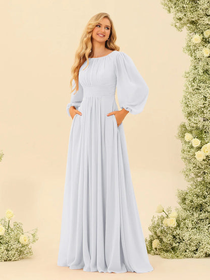 A-Line/Princess Scoop Long Sleeves Bridesmaid Dresses with Ruched