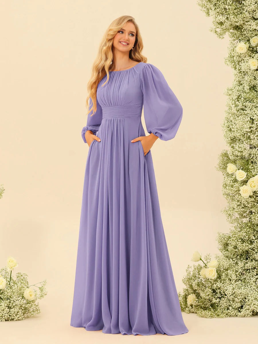 A-Line/Princess Scoop Long Sleeves Bridesmaid Dresses with Ruched