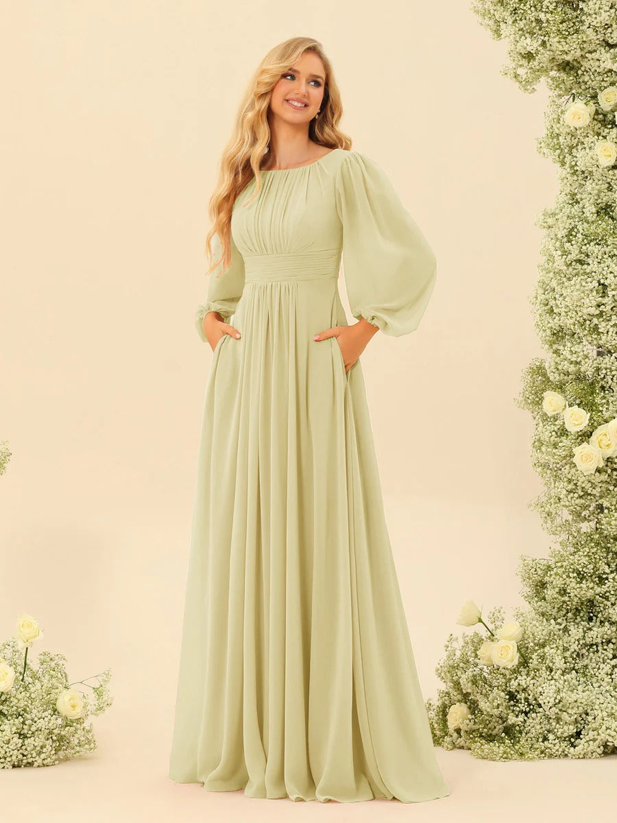 A-Line/Princess Scoop Long Sleeves Bridesmaid Dresses with Ruched