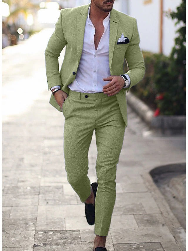 Men's Wedding Linen Suits Light Blue Summer Suits Solid Colored Tailored Fit 2 Piece Single Breasted One-button