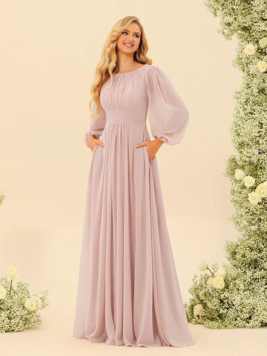 A-Line/Princess Scoop Long Sleeves Bridesmaid Dresses with Ruched
