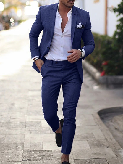 Men's Wedding Linen Suits Light Blue Summer Suits Solid Colored Tailored Fit 2 Piece Single Breasted One-button