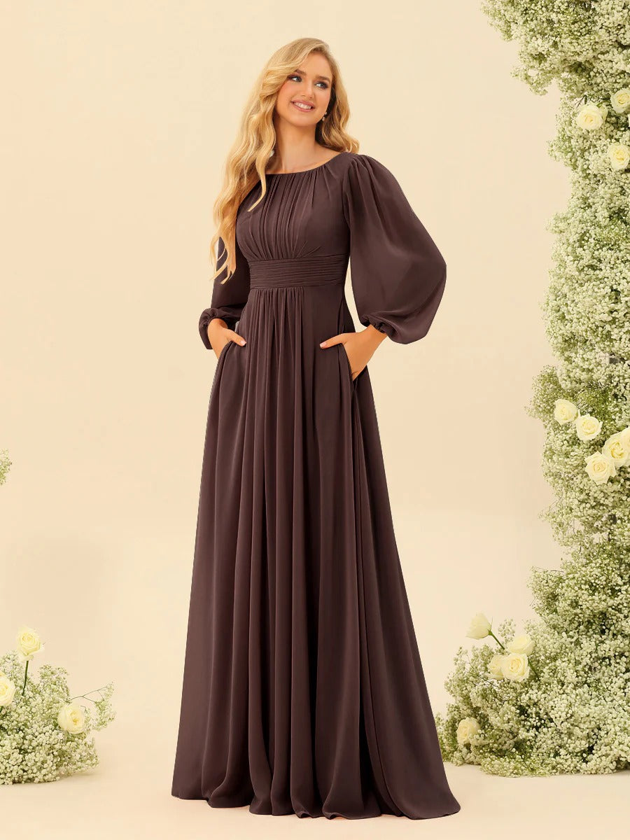 A-Line/Princess Scoop Long Sleeves Bridesmaid Dresses with Ruched