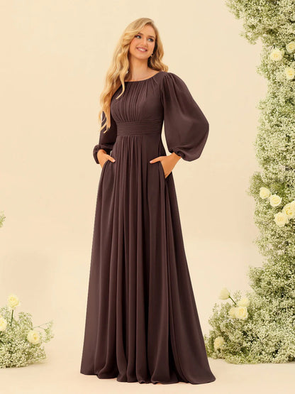 A-Line/Princess Scoop Long Sleeves Bridesmaid Dresses with Ruched
