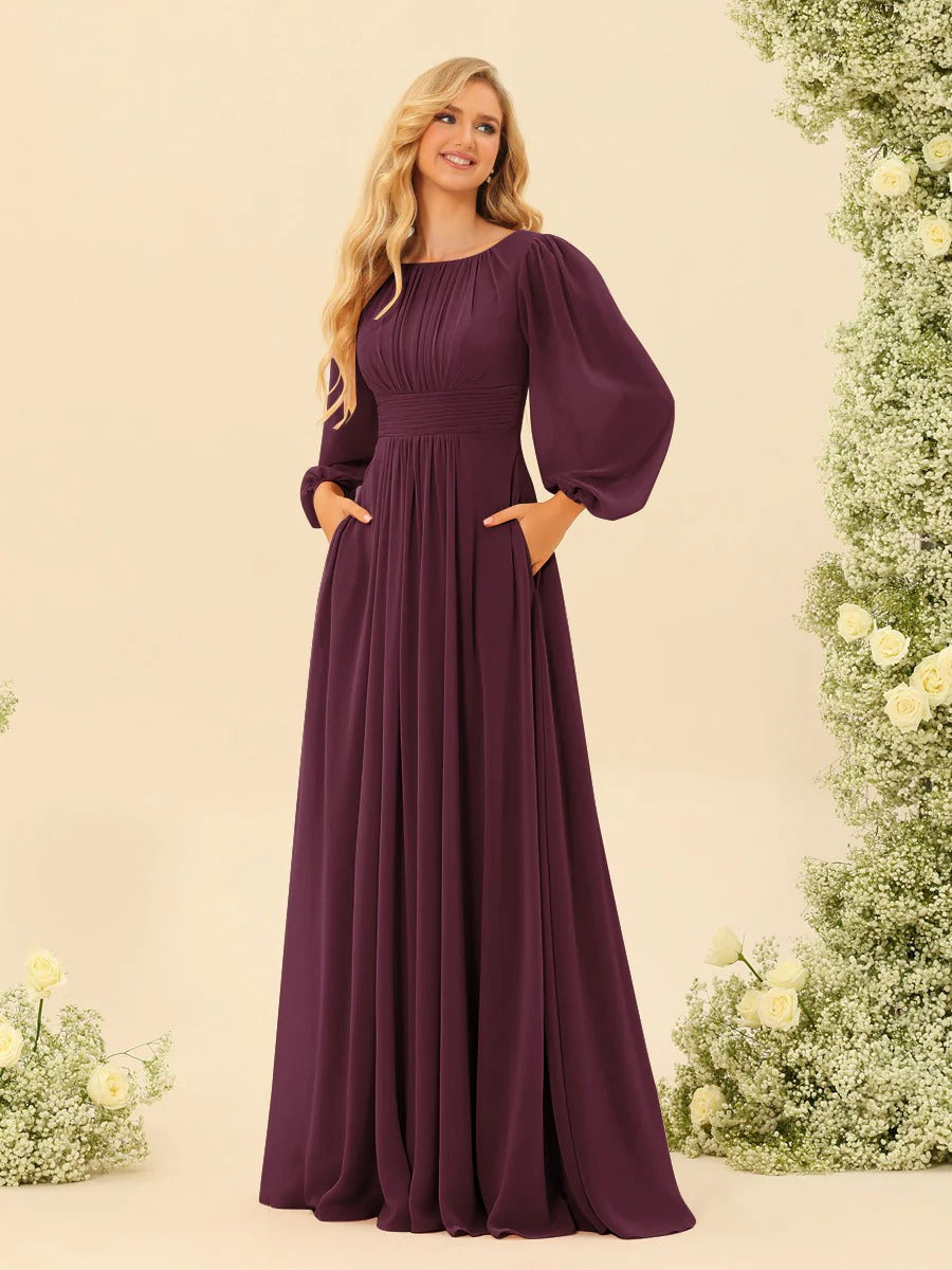 A-Line/Princess Scoop Long Sleeves Bridesmaid Dresses with Ruched