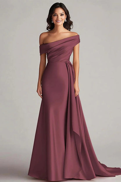 Trumpet/Mermaid Satin Off-the-Shoulder Sleeveless Floor-Length Evening Dress With Pleats