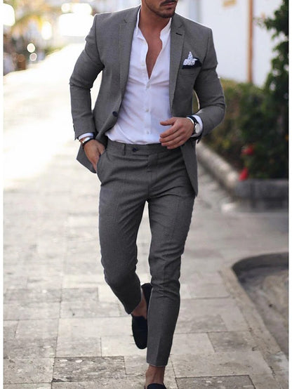 Men's Wedding Linen Suits Light Blue Summer Suits Solid Colored Tailored Fit 2 Piece Single Breasted One-button