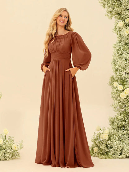 A-Line/Princess Scoop Long Sleeves Bridesmaid Dresses with Ruched