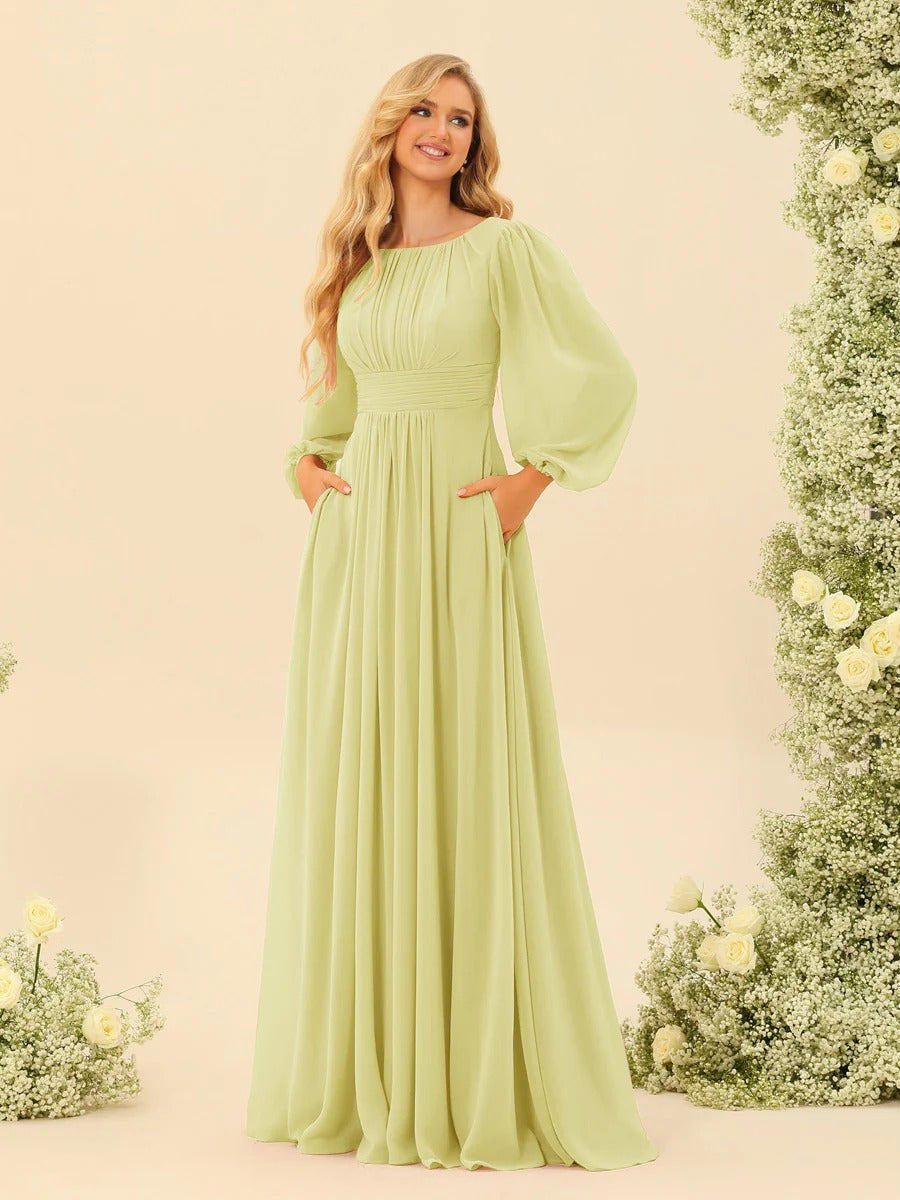 A-Line/Princess Scoop Long Sleeves Bridesmaid Dresses with Ruched