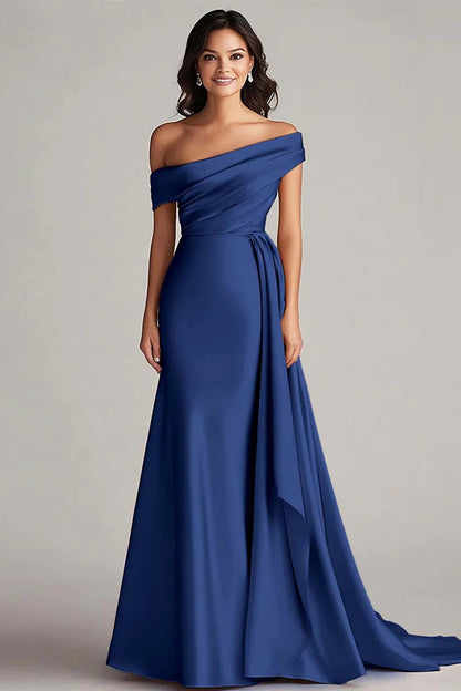 Trumpet/Mermaid Satin Off-the-Shoulder Sleeveless Floor-Length Evening Dress With Pleats