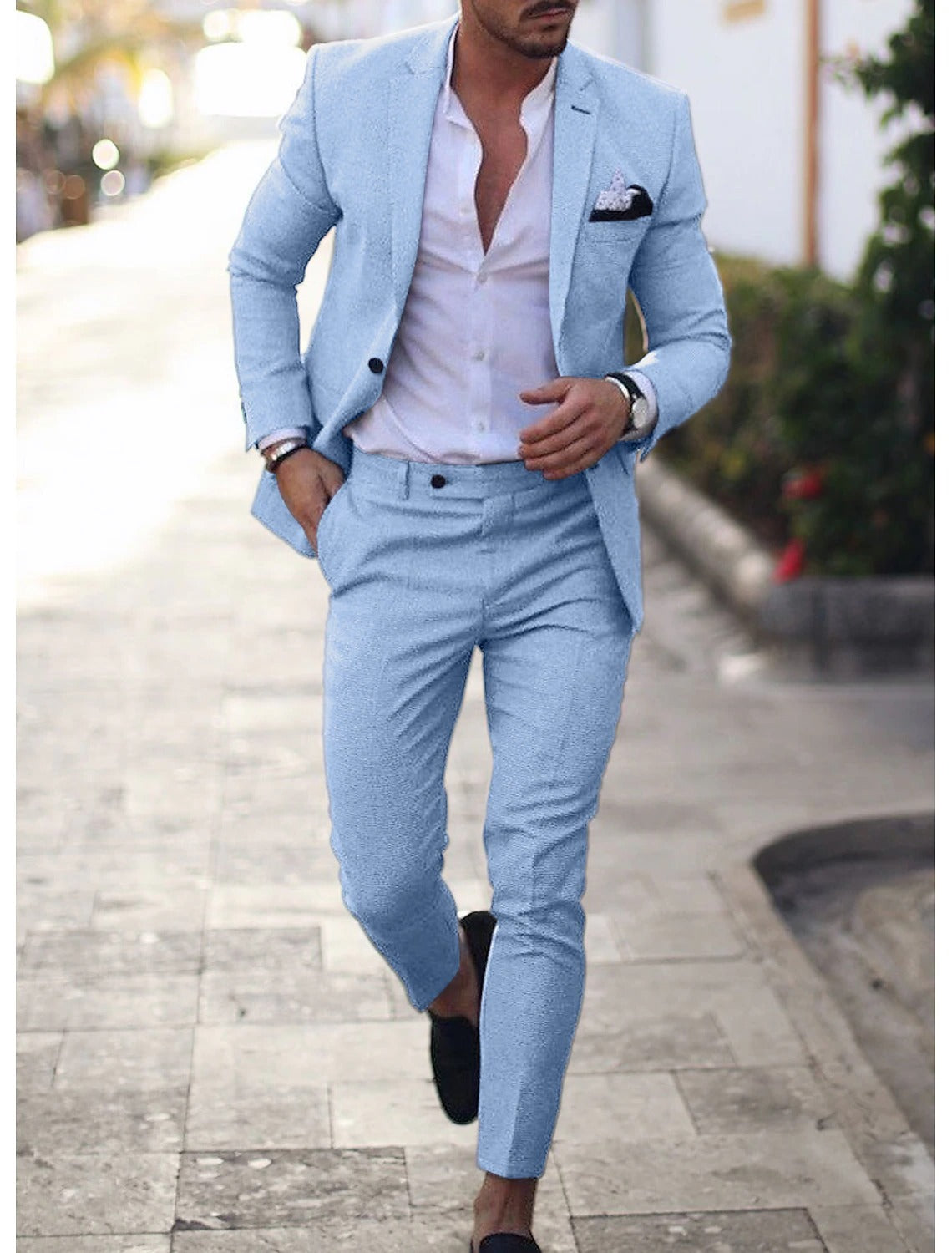 Men's Wedding Linen Suits Light Blue Summer Suits Solid Colored Tailored Fit 2 Piece Single Breasted One-button
