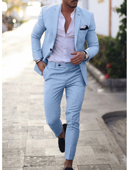 Men's Wedding Linen Suits Light Blue Summer Suits Solid Colored Tailored Fit 2 Piece Single Breasted One-button