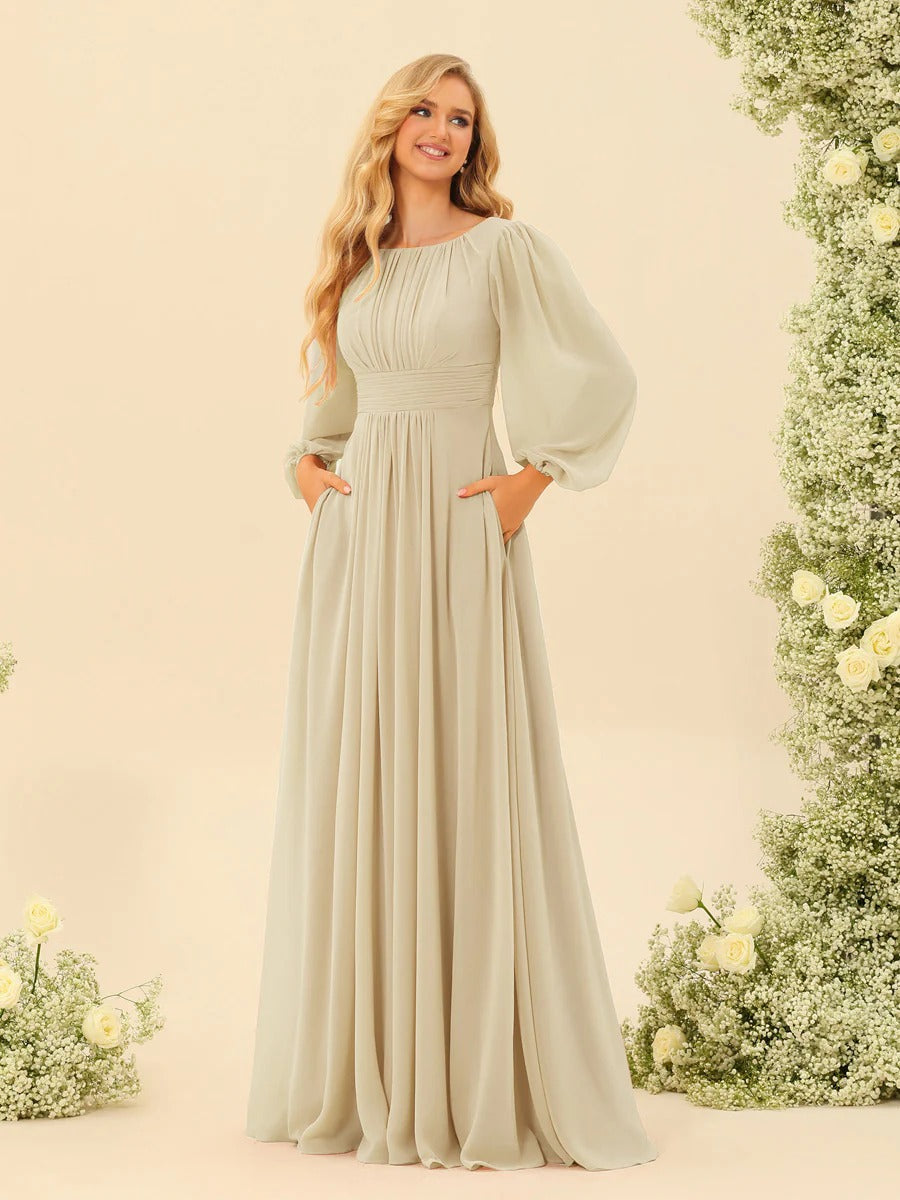 A-Line/Princess Scoop Long Sleeves Bridesmaid Dresses with Ruched