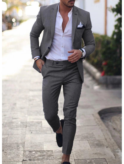 Men's Wedding Linen Suits Light Blue Summer Suits Solid Colored Tailored Fit 2 Piece Single Breasted One-button