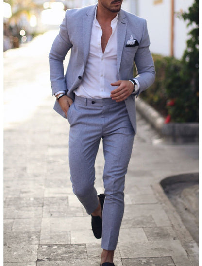 Men's Wedding Linen Suits Light Blue Summer Suits Solid Colored Tailored Fit 2 Piece Single Breasted One-button