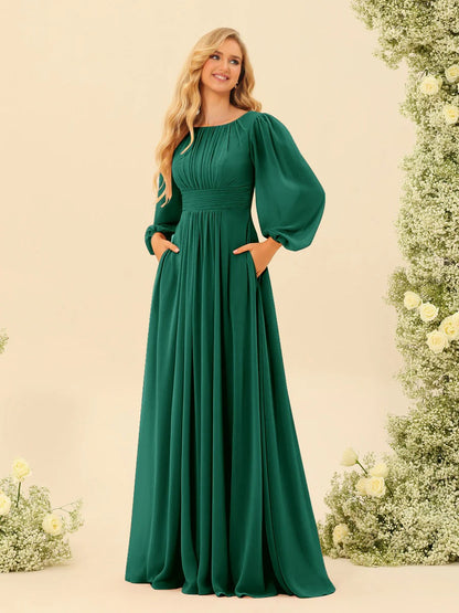 A-Line/Princess Scoop Long Sleeves Bridesmaid Dresses with Ruched