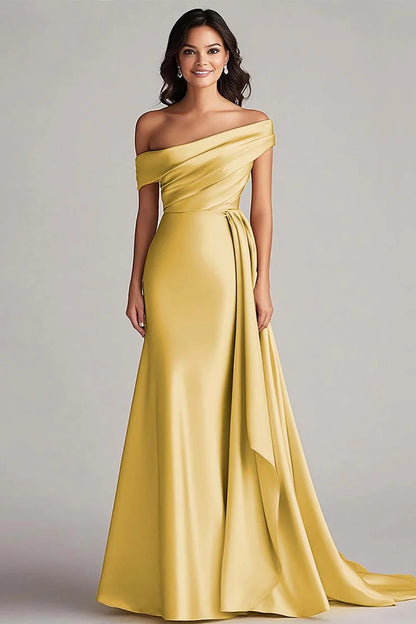 Trumpet/Mermaid Satin Off-the-Shoulder Sleeveless Floor-Length Evening Dress With Pleats
