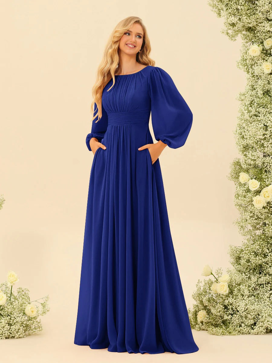 A-Line/Princess Scoop Long Sleeves Bridesmaid Dresses with Ruched