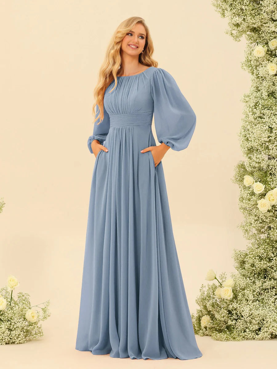 A-Line/Princess Scoop Long Sleeves Bridesmaid Dresses with Ruched