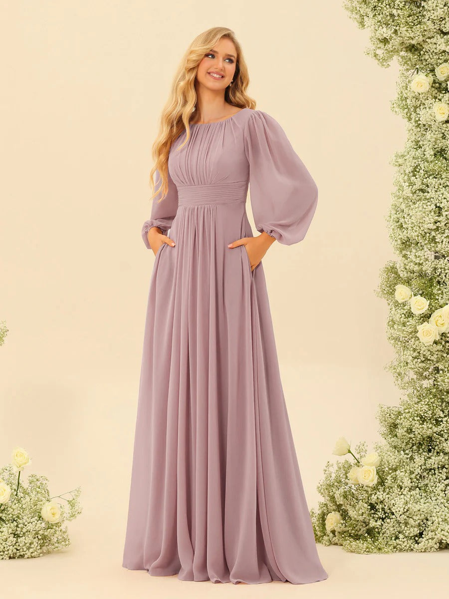 A-Line/Princess Scoop Long Sleeves Bridesmaid Dresses with Ruched