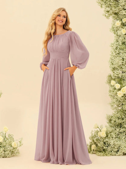 A-Line/Princess Scoop Long Sleeves Bridesmaid Dresses with Ruched