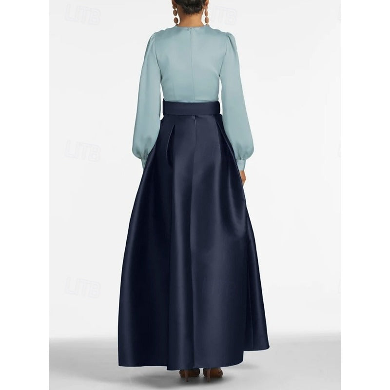 A-Line Evening Gown High Split Dress Formal Wedding Guest Floor Length Long Sleeve V Neck Belt / Sash Satin with Pleats Slit