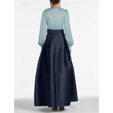 A-Line Evening Gown High Split Dress Formal Wedding Guest Floor Length Long Sleeve V Neck Belt / Sash Satin with Pleats Slit