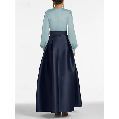 A-Line Evening Gown High Split Dress Formal Wedding Guest Floor Length Long Sleeve V Neck Belt / Sash Satin with Pleats Slit