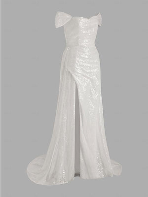 Mermaid Evening Gown Sequin Dress Prom Sweep / Brush Train  Sleeveless Off The Shoulder Satin with Slit Masquerade Dress