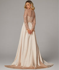 Mermaid Sequin Evening Gown Prom Dress Ruched Satin Dress Long Sleeves Masquerade Floor Length Illusion Neck with Pearls Overskirt Dress