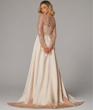 Mermaid Sequin Evening Gown Prom Dress Ruched Satin Dress Long Sleeves Masquerade Floor Length Illusion Neck with Pearls Overskirt Dress