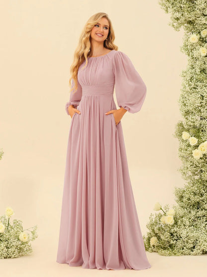A-Line/Princess Scoop Long Sleeves Bridesmaid Dresses with Ruched