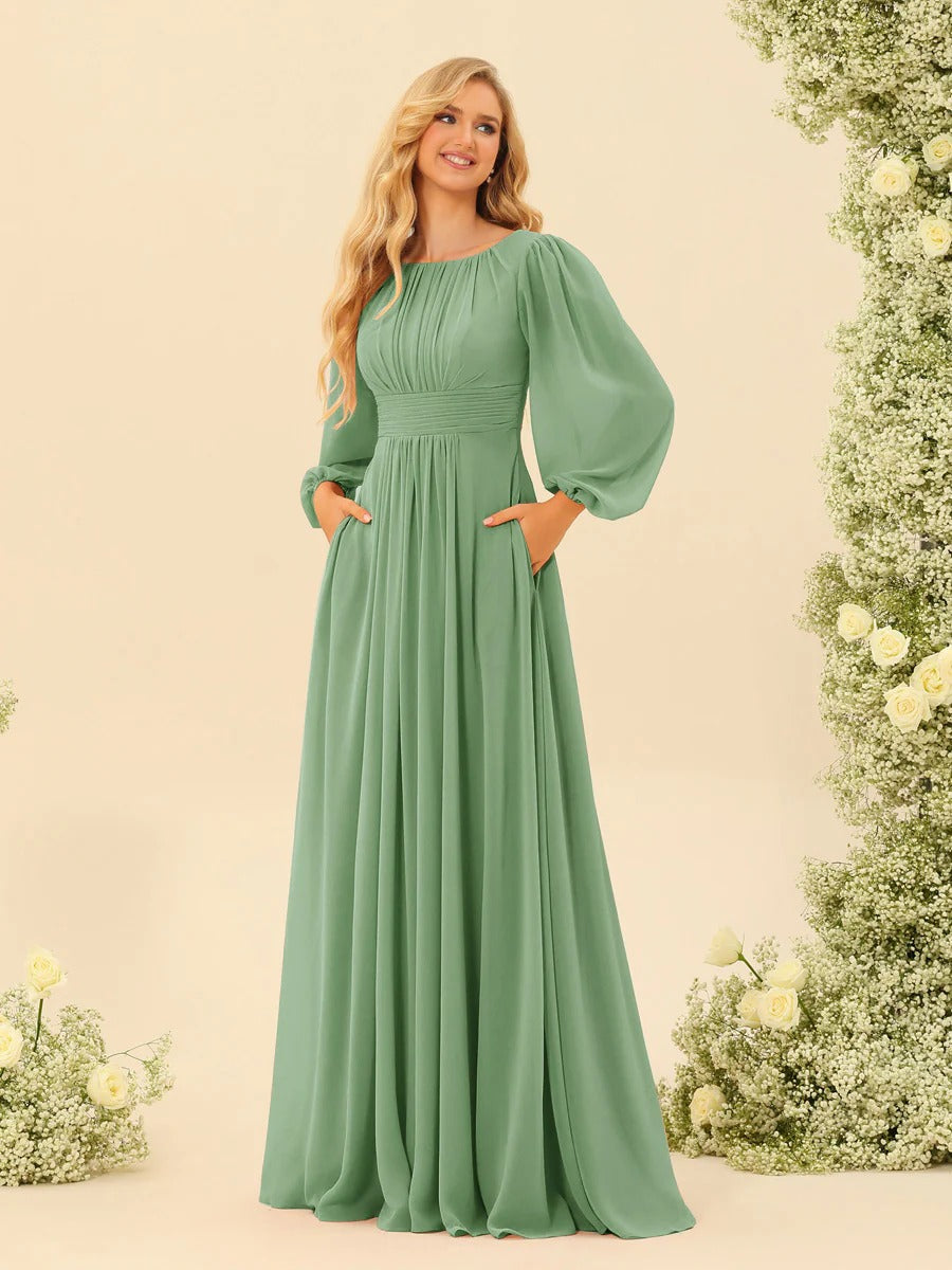 A-Line/Princess Scoop Long Sleeves Bridesmaid Dresses with Ruched
