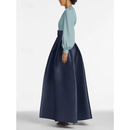 A-Line Evening Gown High Split Dress Formal Wedding Guest Floor Length Long Sleeve V Neck Belt / Sash Satin with Pleats Slit