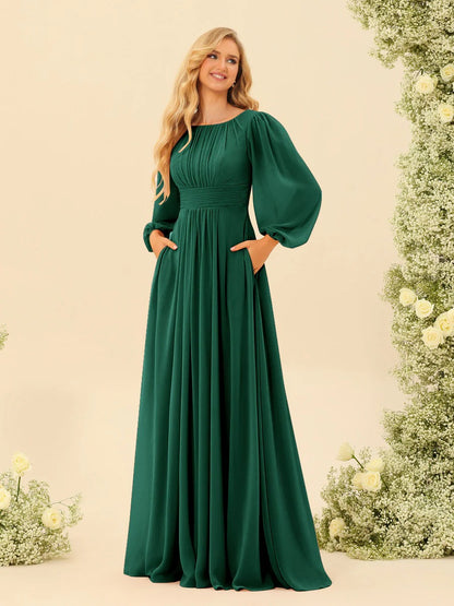 A-Line/Princess Scoop Long Sleeves Bridesmaid Dresses with Ruched