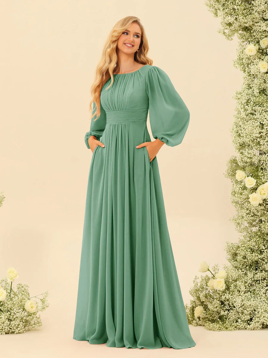 A-Line/Princess Scoop Long Sleeves Bridesmaid Dresses with Ruched