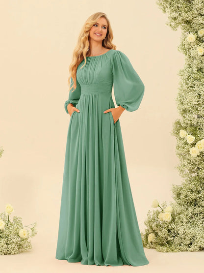 A-Line/Princess Scoop Long Sleeves Bridesmaid Dresses with Ruched