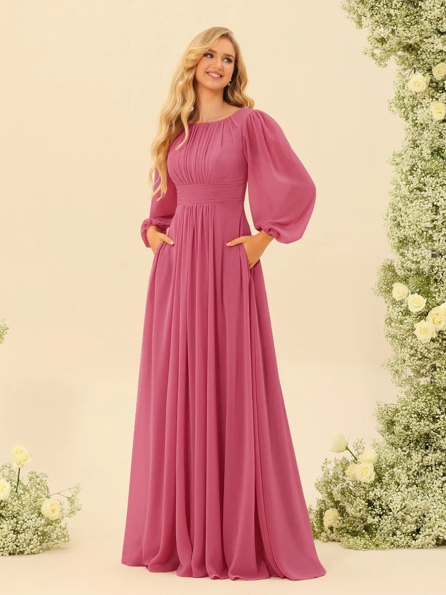 A-Line/Princess Scoop Long Sleeves Bridesmaid Dresses with Ruched