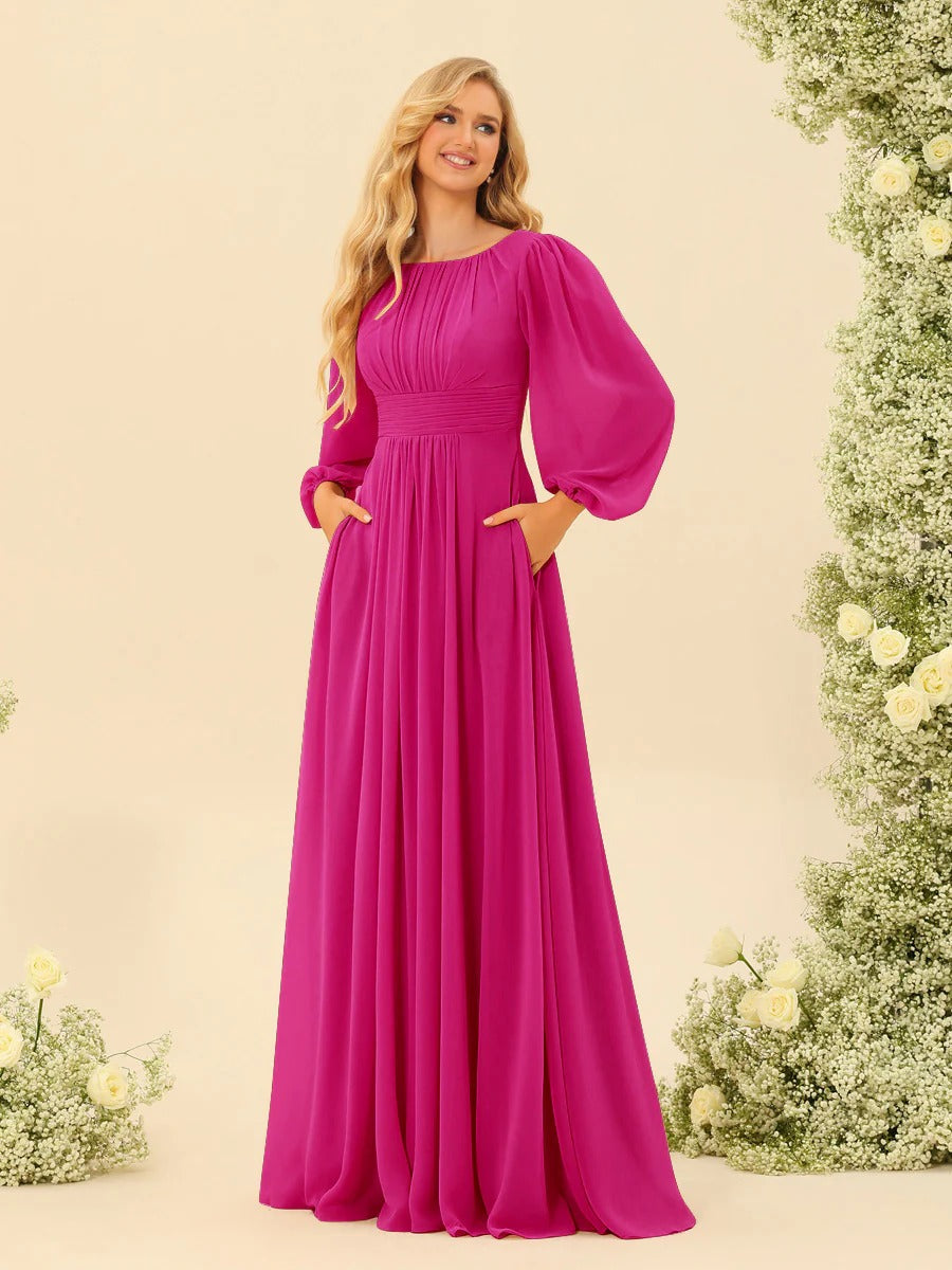 A-Line/Princess Scoop Long Sleeves Bridesmaid Dresses with Ruched
