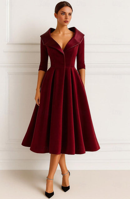 A Line Mother Of The Bride Dress Velvet Formal Dress Long Sleeves Elegant Tea Length Christmas Shirt Collar With Pocket