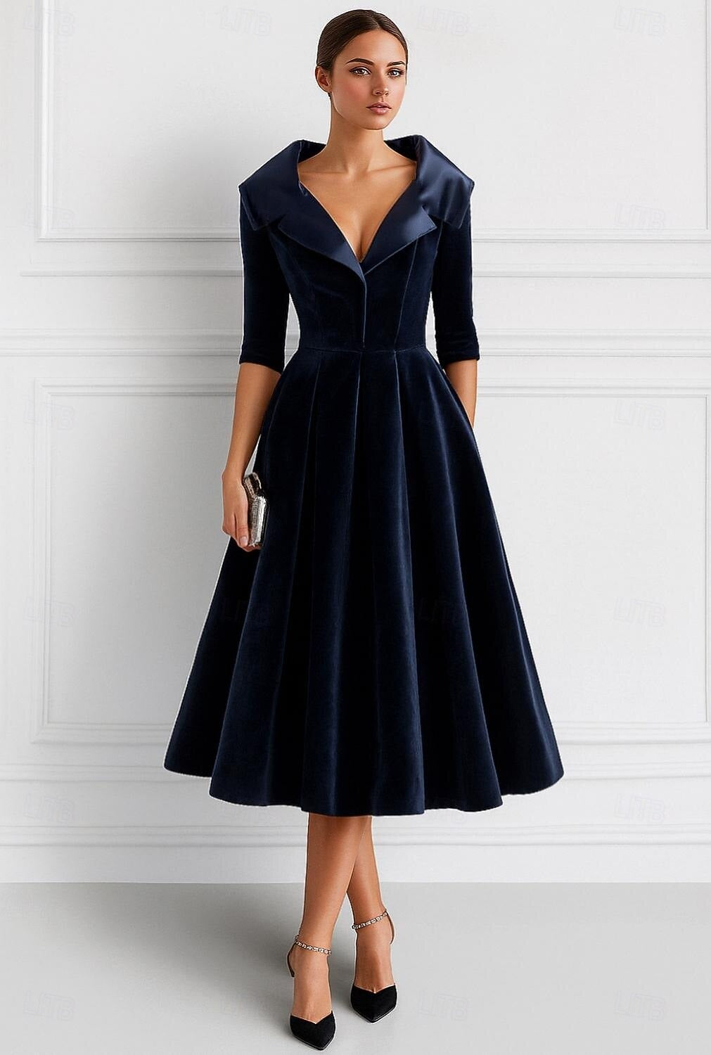 A Line Mother Of The Bride Dress Velvet Formal Dress Long Sleeves Elegant Tea Length Christmas Shirt Collar With Pocket